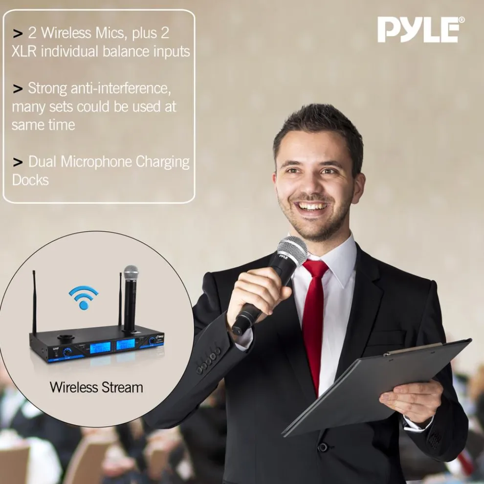 Wireless Microphone System 175' Range Dual Rechargeable Mics LCD Display