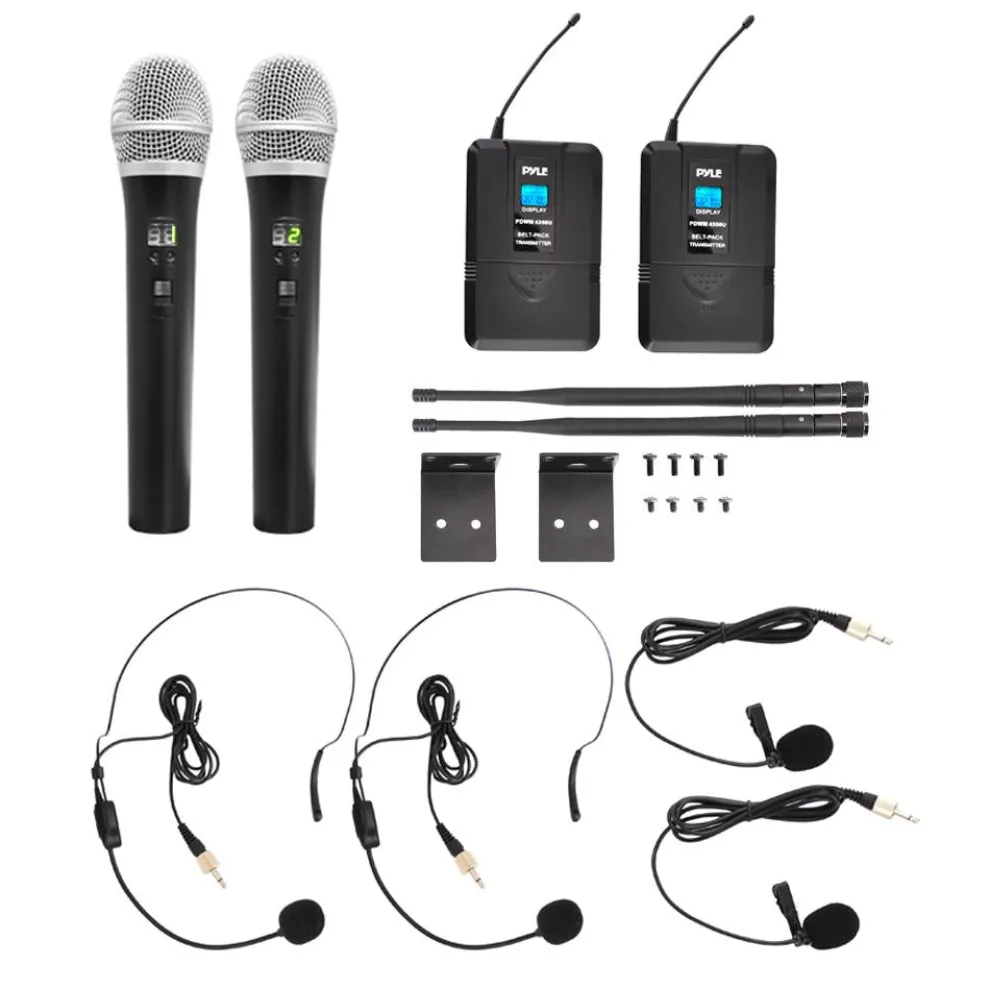 Wireless Microphone System Kit, 4-Channel UHF, Low Distortion, Includes Mics