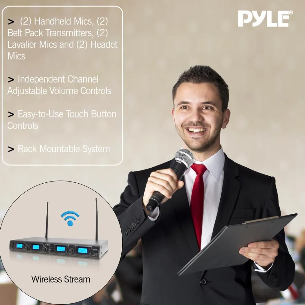 Wireless Microphone System Kit, 4-Channel UHF, Low Distortion, Includes Mics