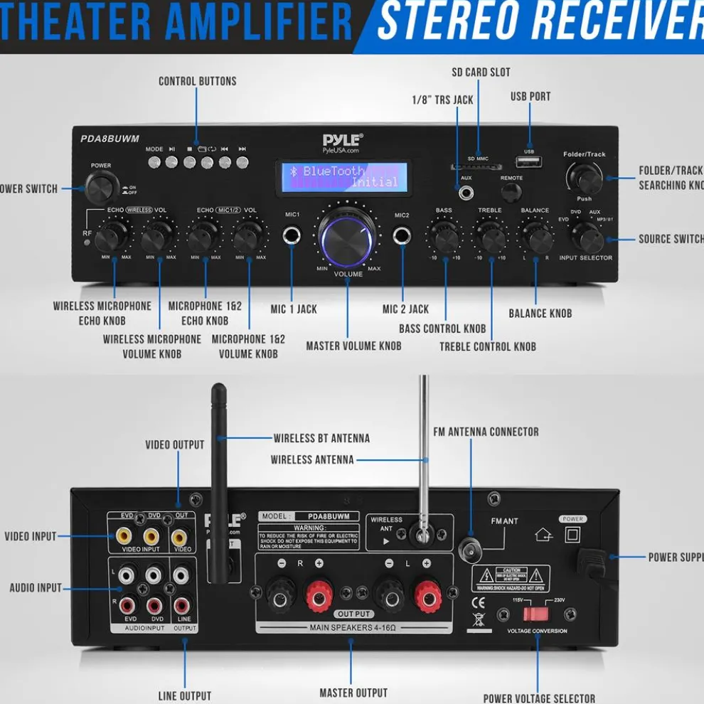Wireless Microphone Amplifier 200W Bluetooth Streaming Dual Mic Inputs