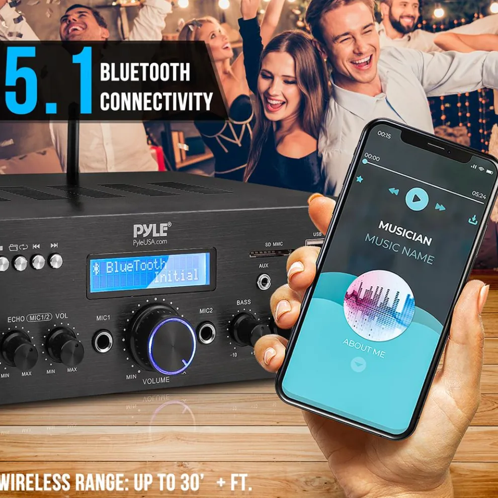 Wireless Microphone Amplifier 200W Bluetooth Streaming Dual Mic Inputs
