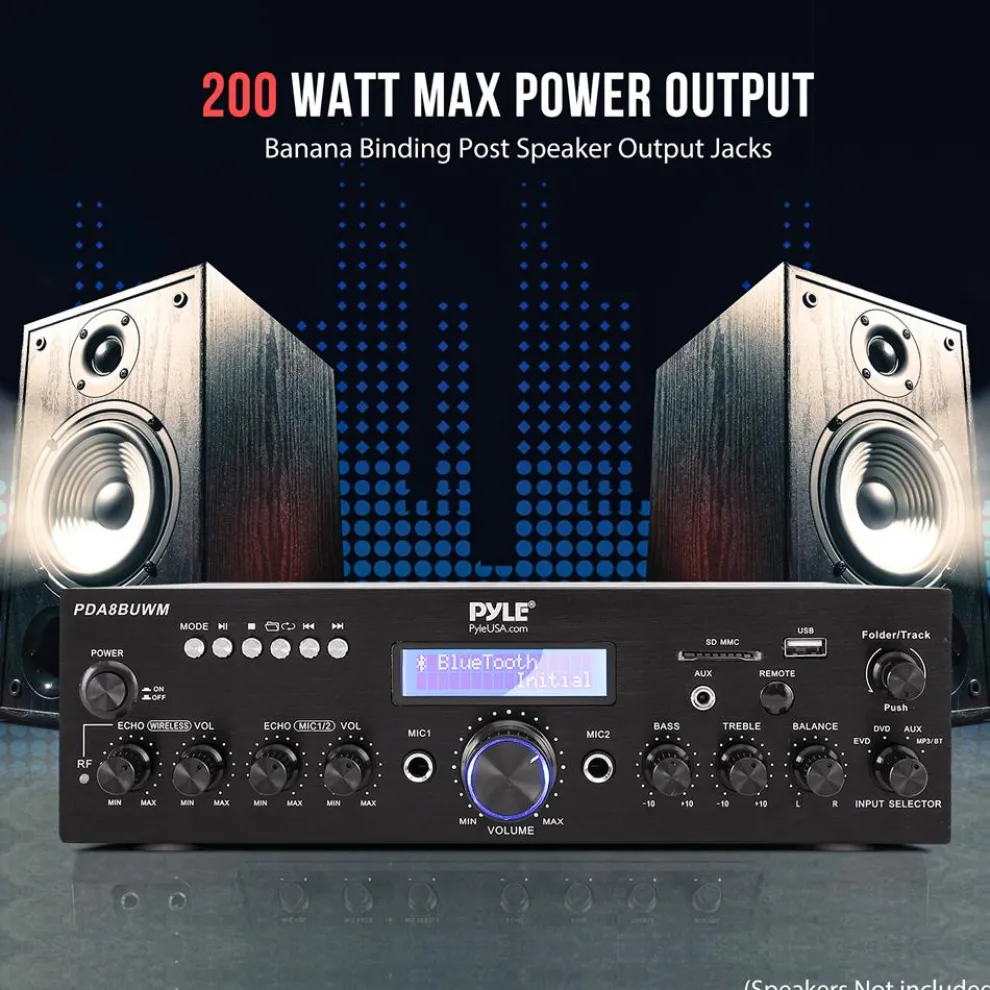 Wireless Microphone Amplifier 200W Bluetooth Streaming Dual Mic Inputs