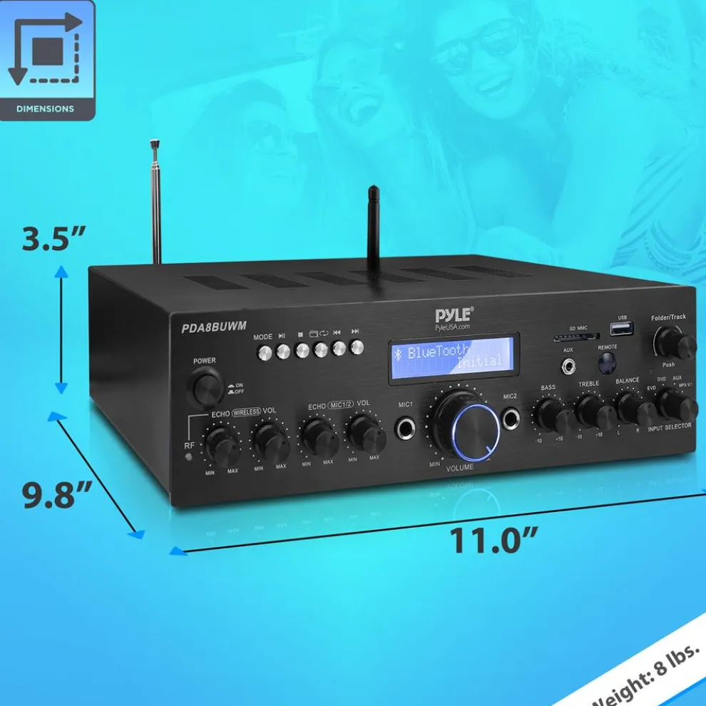 Wireless Microphone Amplifier 200W Bluetooth Streaming Dual Mic Inputs