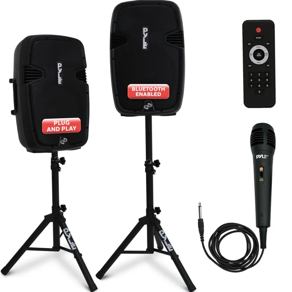 Wireless PA System Kit 1800W - Bluetooth, Dual 12" Speakers, Stands, Mic