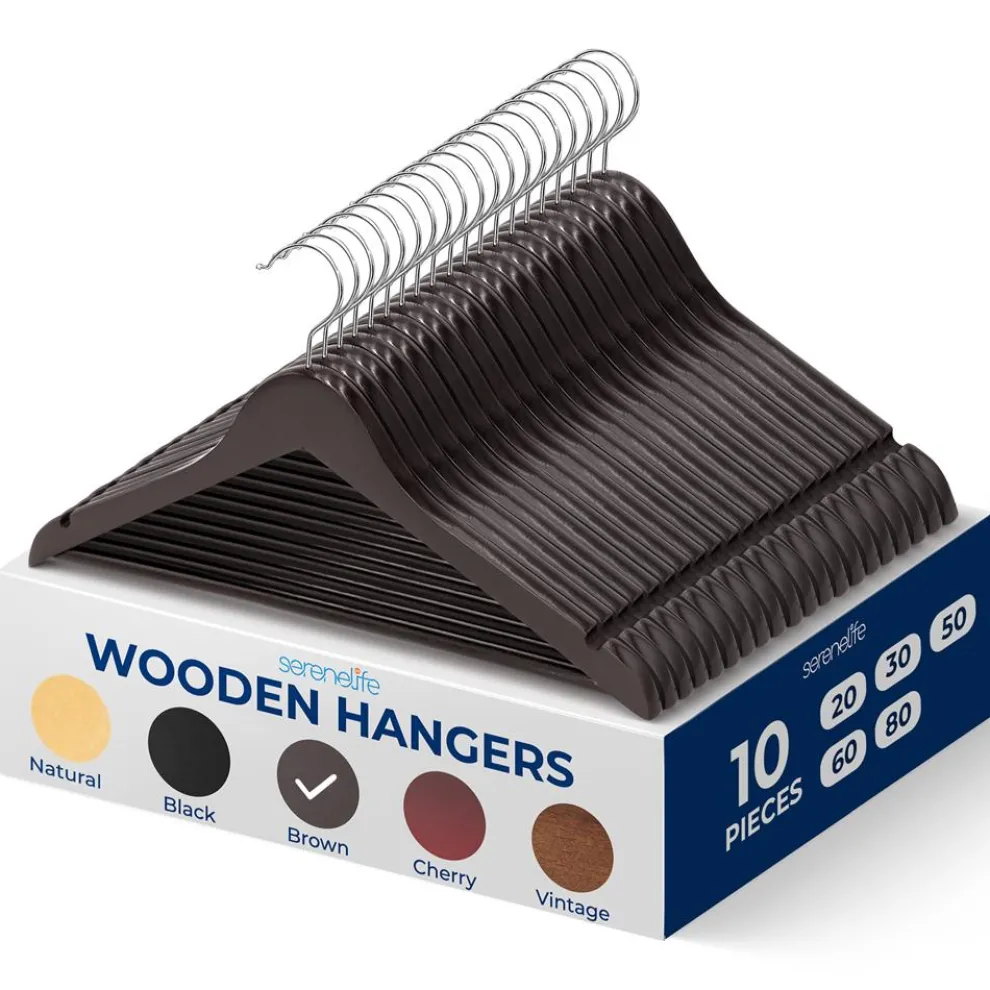 Wooden Coat Hangers 10-Pack, Durable 360¬∞ Swivel Hook, Natural Wood