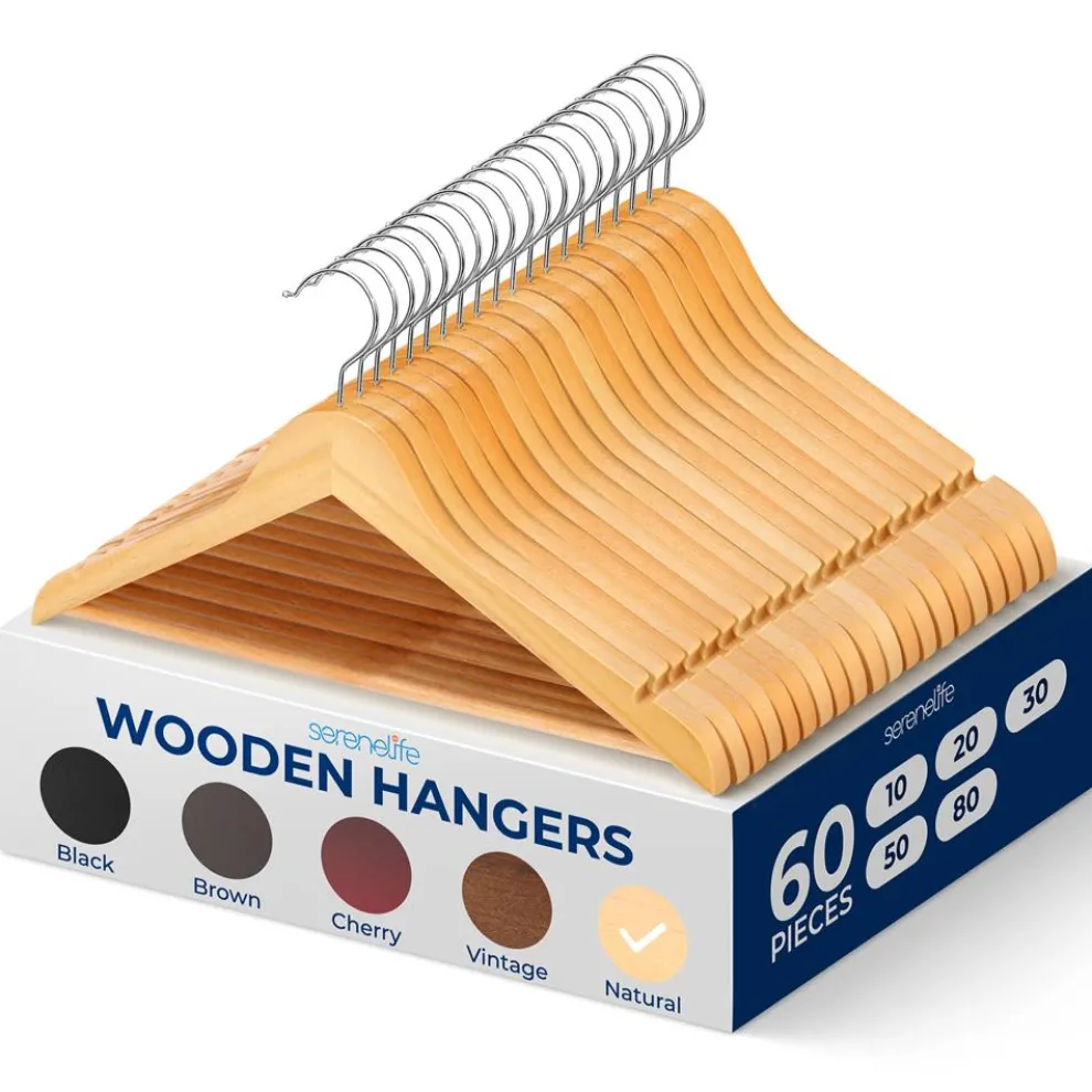 Wooden Hangers 60-Pack, Heavy Duty, 360¬∞ Swivel Hook, Natural Wood