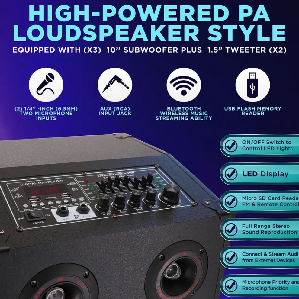 3X10” Wireless Karaoke Pa Speaker System